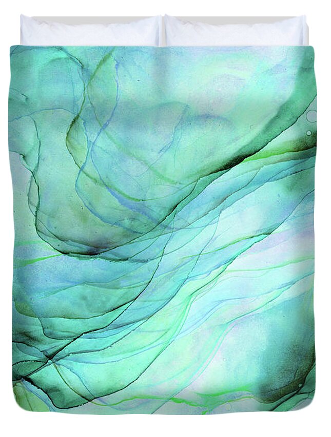 Sea Green Duvet Cover featuring the painting Sea Green Flowing Abstract Ink by Olga Shvartsur