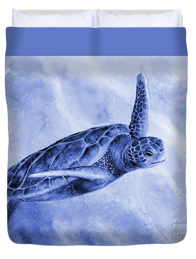 Mono Duvet Cover featuring the painting Sea Turtle 2 in Blue by Hailey E Herrera