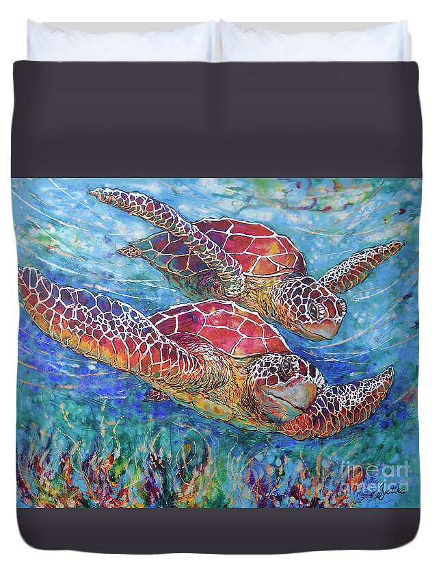  Duvet Cover featuring the painting Sea Turtle Buddies III by Jyotika Shroff