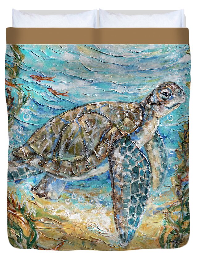 Ocean Duvet Cover featuring the painting Sea Turtle Cheer by Linda Olsen