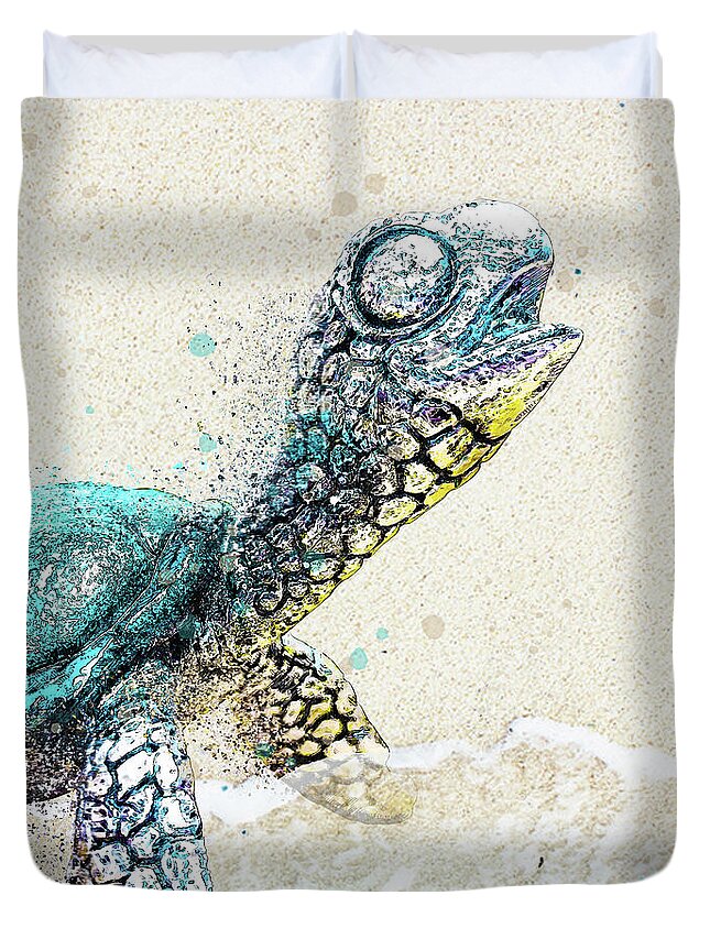 Sea Turtle On Beach Duvet Cover featuring the digital art Sea Turtle on the Shore by Pamela Williams