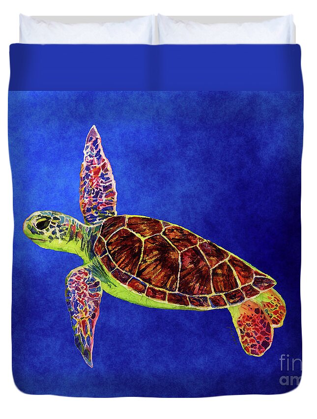 Turtle Duvet Cover featuring the painting Sea Turtle - solid background by Hailey E Herrera