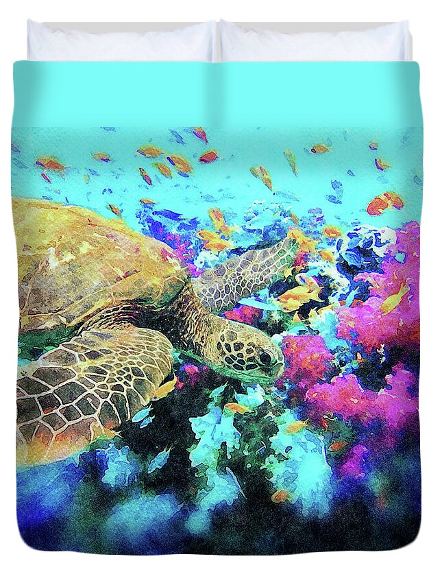 Sea Turtle Duvet Cover featuring the mixed media Sea Turtle with Fish and Coral Reef Watercolor Painting by Shelli Fitzpatrick