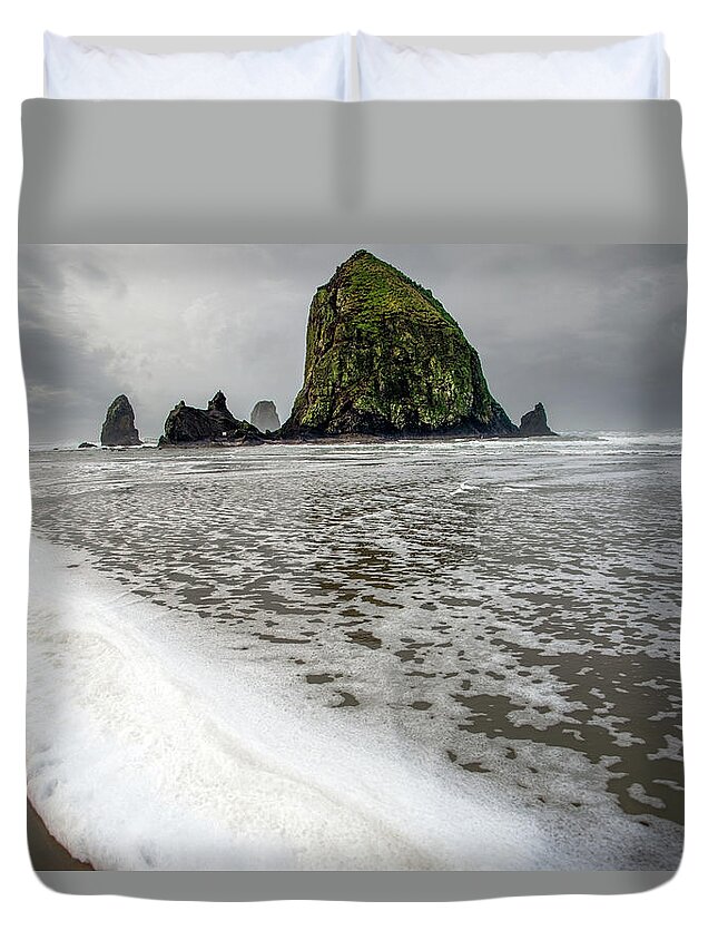 Cannon Beach Duvet Cover featuring the photograph Seafoam at Cannon Beach by Jerry Cahill