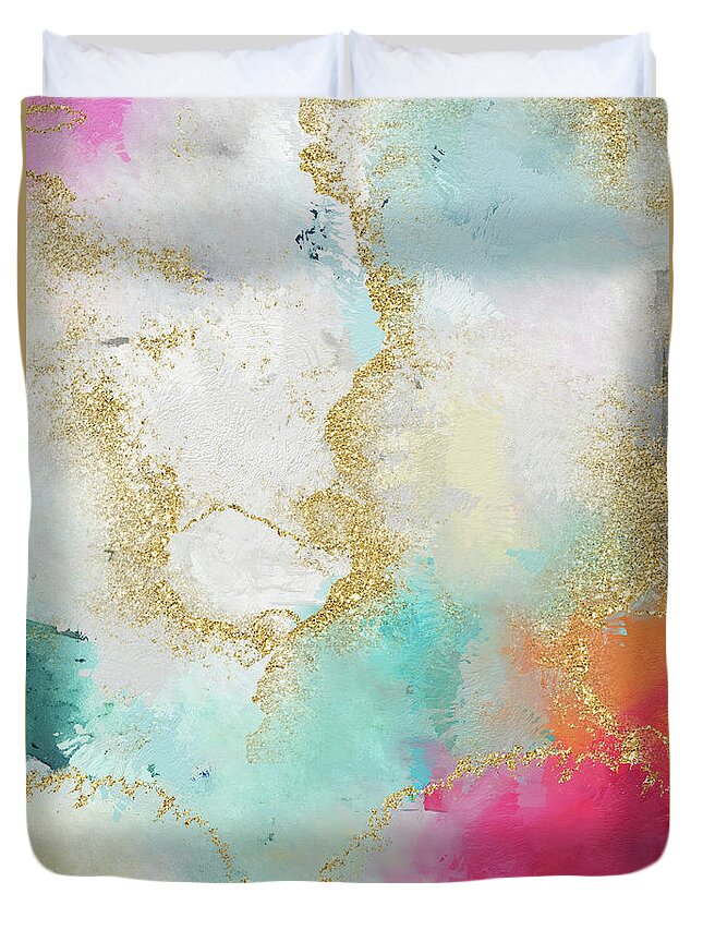 Watercolor Duvet Cover featuring the painting Seafoam Green, Pink And Gold by Modern Art