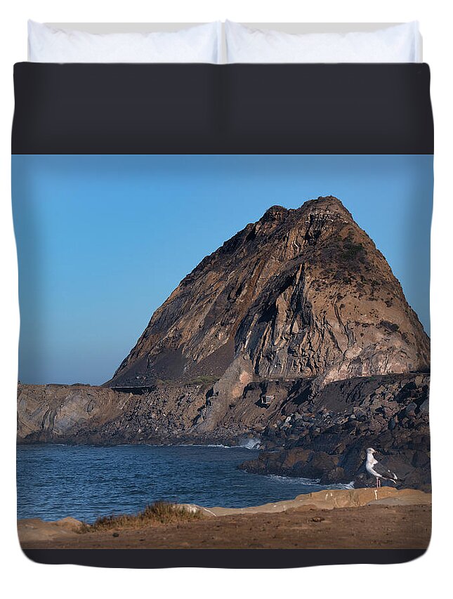 Beach Duvet Cover featuring the photograph Seagull at Mugu Rock by Matthew DeGrushe
