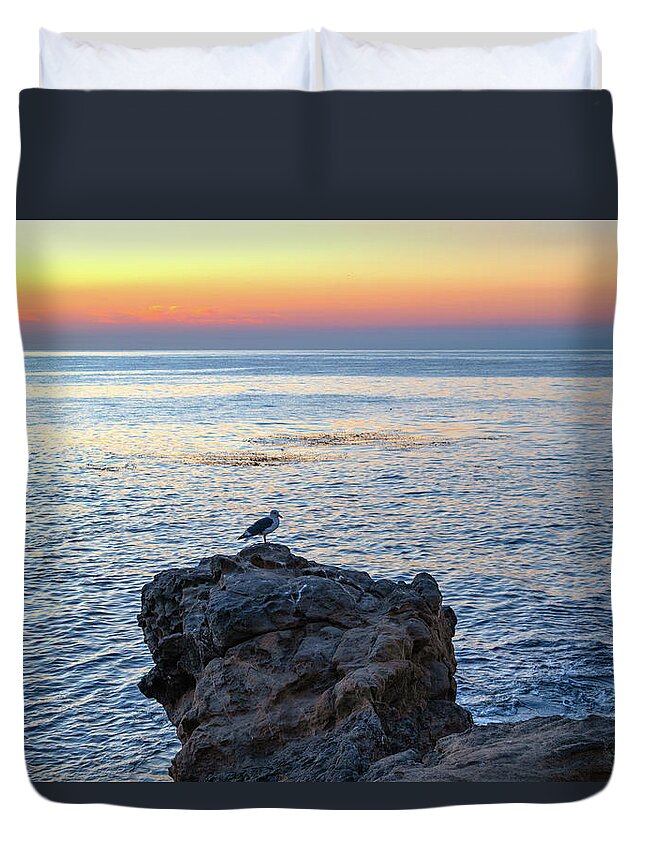 Bird Duvet Cover featuring the photograph Seagull Perched on a Rock at Sunrise by Matthew DeGrushe