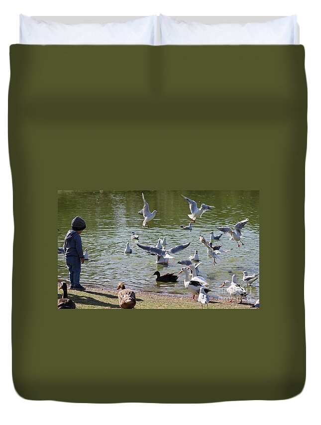 Boy Duvet Cover featuring the photograph Seagulls And Ducks by Eva Lechner