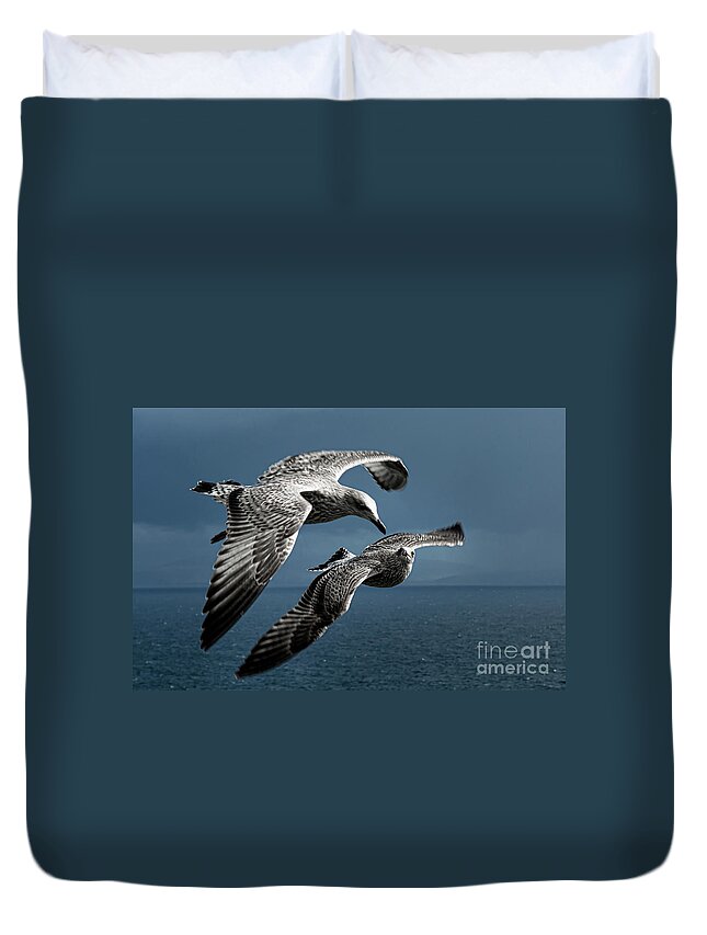 Bird Duvet Cover featuring the photograph Seagulls Flying Formation by Andreas Berthold
