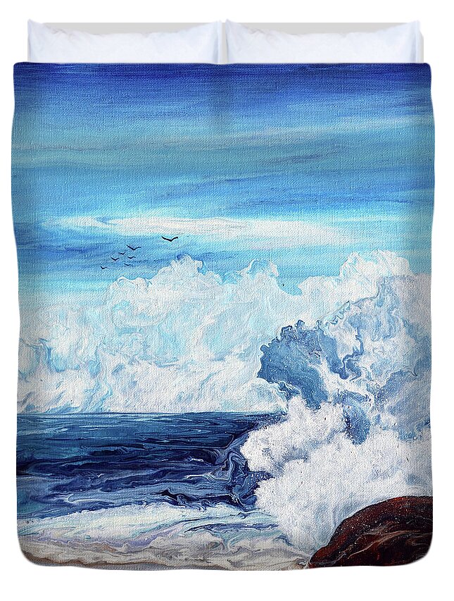 Blue Duvet Cover featuring the painting Seagulls Soar Above the Surf by Laura Iverson