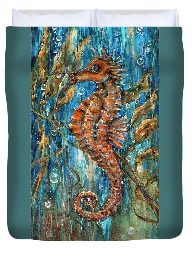 Seahorse Duvet Cover featuring the painting Seahorse and Kelp by Linda Olsen