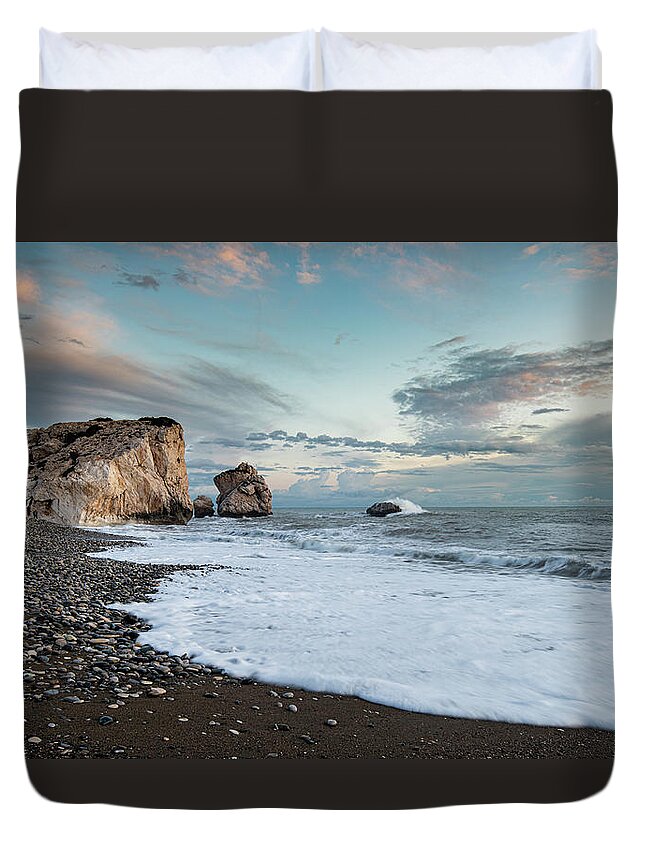 Sea Waves Duvet Cover featuring the photograph Seascape with windy waves and moody sky during sunset by Michalakis Ppalis