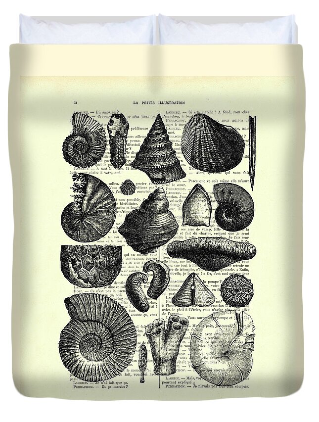 Seashell Duvet Cover featuring the digital art Seashell collection in black and white by Madame Memento