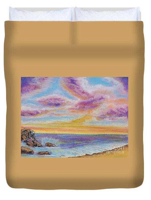 Seashore Duvet Cover featuring the painting Seashore in chalk pastel by Monika Shepherdson