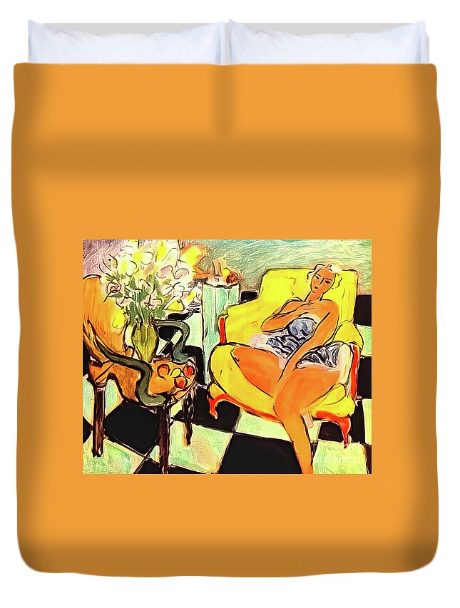 Seated Duvet Cover featuring the painting Seated Woman With Flowers by Henri Matisse 1942 by Henri Matisse