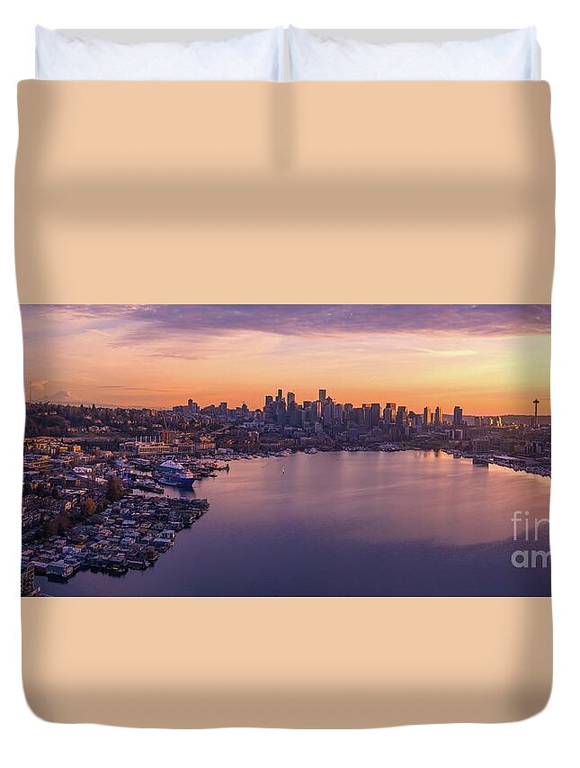 Seattle Duvet Cover featuring the photograph Seattle Eastlake and Lake Union Sunset Panorama by Mike Reid