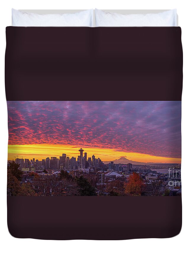 Seattle Duvet Cover featuring the photograph Seattle Soaring Skies Sunrise from Kerry Park by Mike Reid