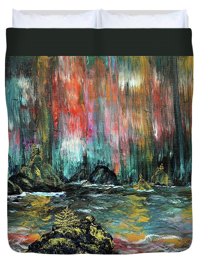 Secret Beach Duvet Cover featuring the painting Secret Beach in the Rain by Laura Iverson