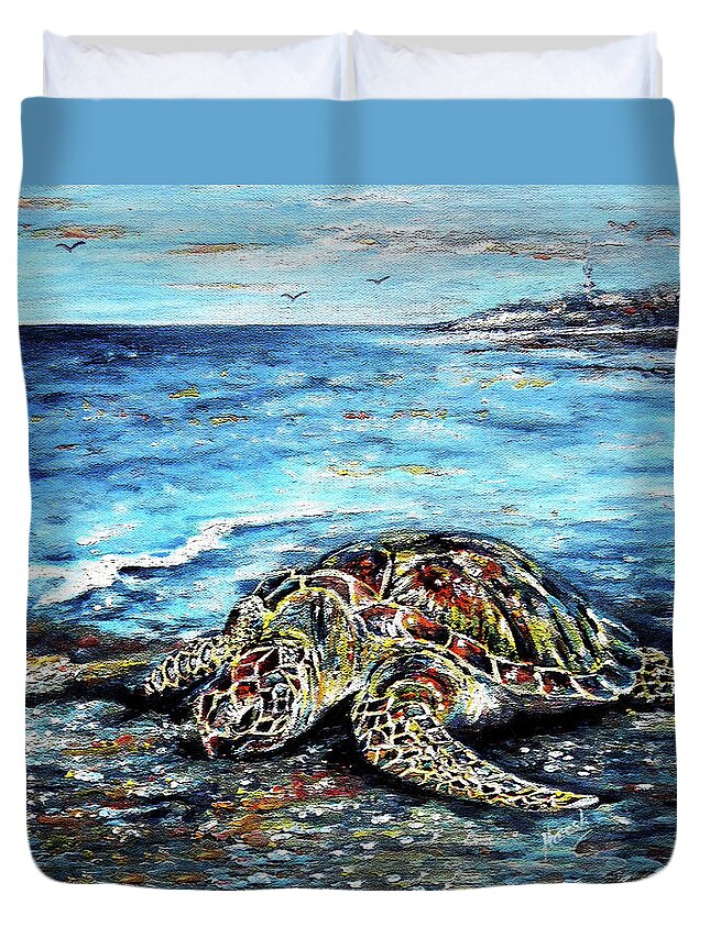Turtle Duvet Cover featuring the painting See Weed Turtle by Harsh Malik