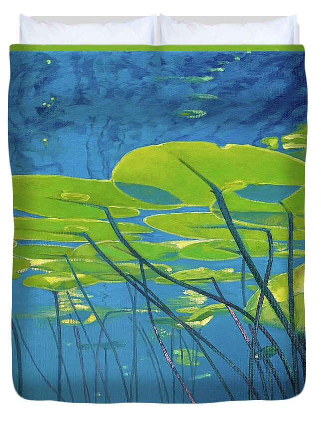 Water Lilies Duvet Cover featuring the painting Seerosen, Wasser by Uwe Fehrmann