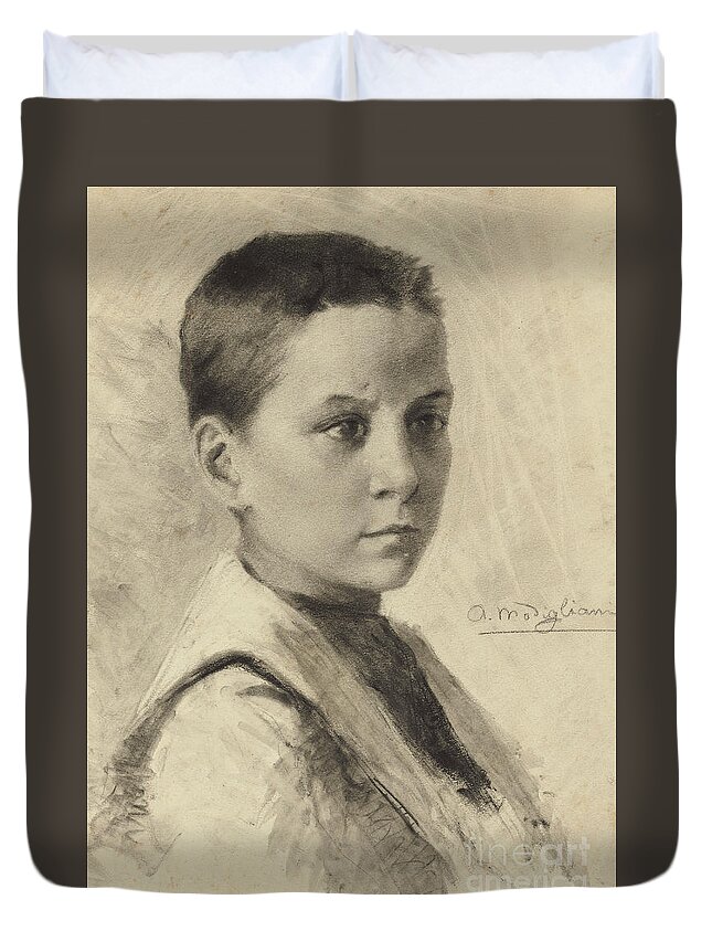 Charcoal On Paper Duvet Cover featuring the drawing Self-portrait, 1899 by Amedeo Modigliani