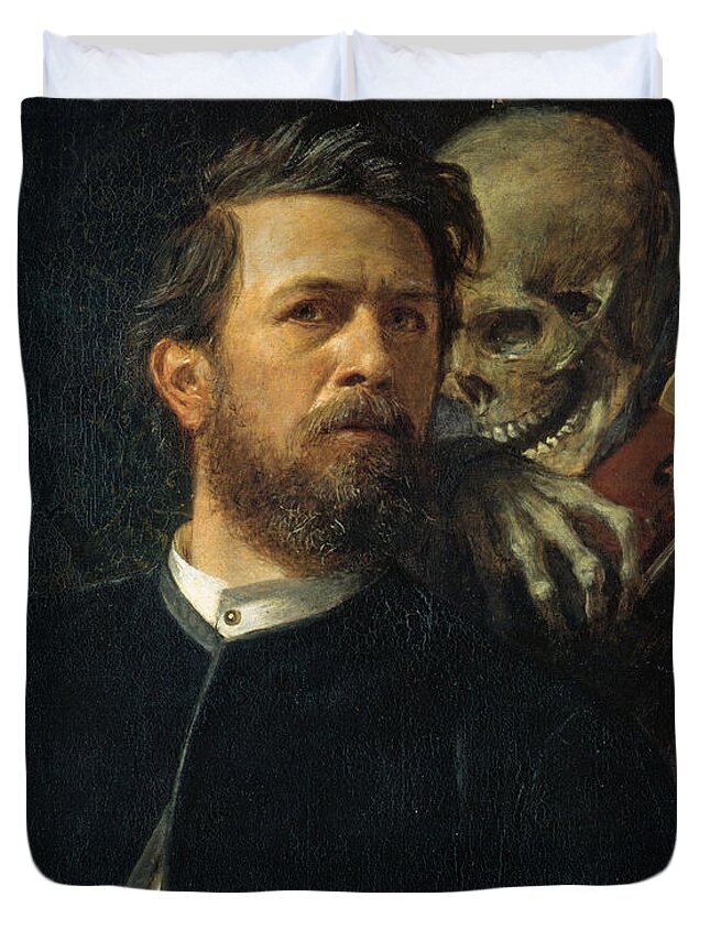 Arnold Boecklin Duvet Cover featuring the painting Self Portrait With Death Playing The Fiddle 1872 by Arnold Boecklin
