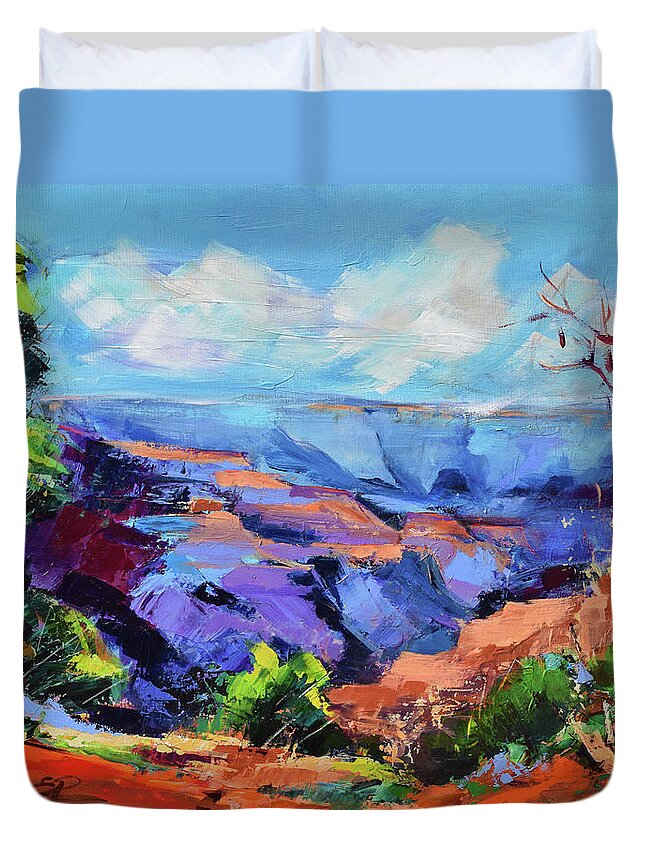 Grand Canyon Duvet Cover featuring the painting Serene Morning by the Canyon - Arizona by Elise Palmigiani
