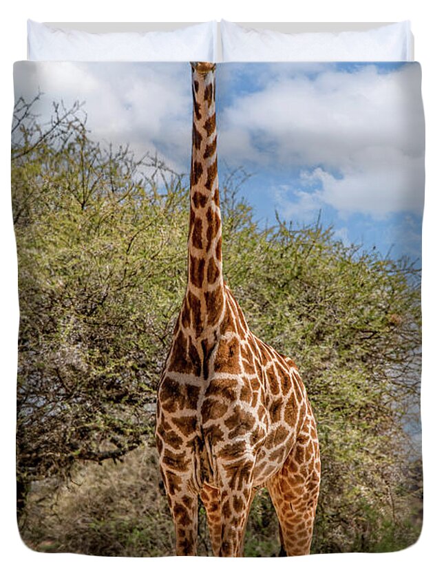 Tarangire National Park Duvet Cover featuring the photograph Serengeti Giraffe, A Gentle Giant by Marcy Wielfaert