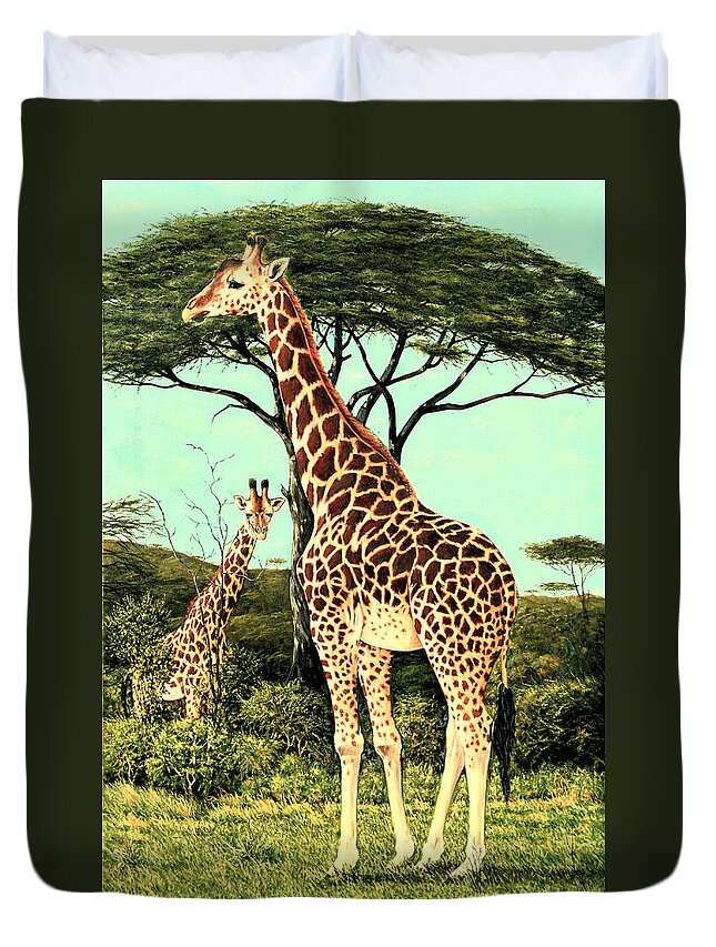 Giraffes Duvet Cover featuring the painting Serengeti Giraffes by Charles Berry