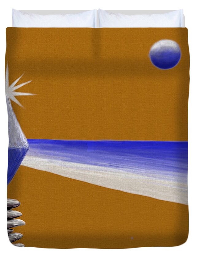 #serenity #digital #painting #abstract #zen #gold #blue #white #gray #metallic #star #sparkle #moon #sun #rays #cone #stones #piledstones #piled #ball #shadow #diamond #water #ocean #shore #sky Duvet Cover featuring the digital art Serenity by Gary F Richards