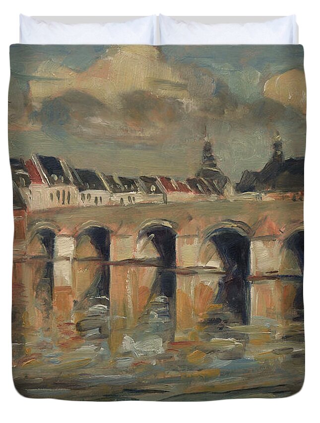 Sint Servaas Duvet Cover featuring the painting Servaas bridge with cloudes by Nop Briex