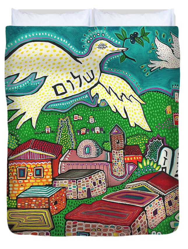 Shalom Duvet Cover featuring the painting Shalom Over Tzfat by Yom Tov Blumenthal