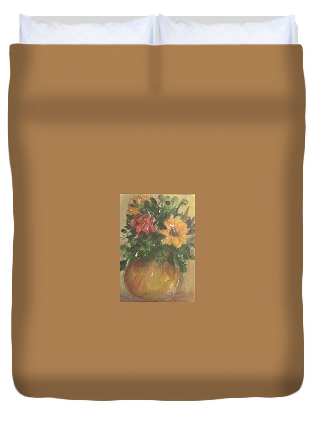 Yellow Duvet Cover featuring the painting Shared Flowers by Charme Curtin