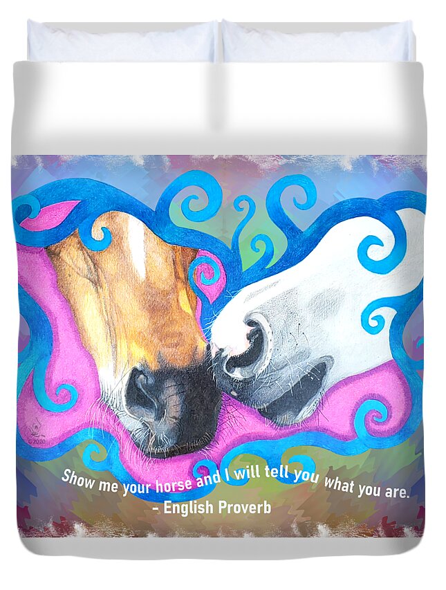 Horse Muzzles Duvet Cover featuring the drawing Sharing Breath with Quote by Equus Artisan