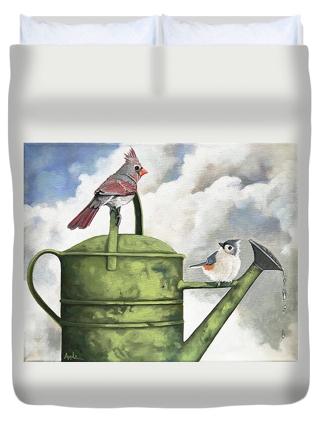 Birds Duvet Cover featuring the painting Sharing by Linda Apple