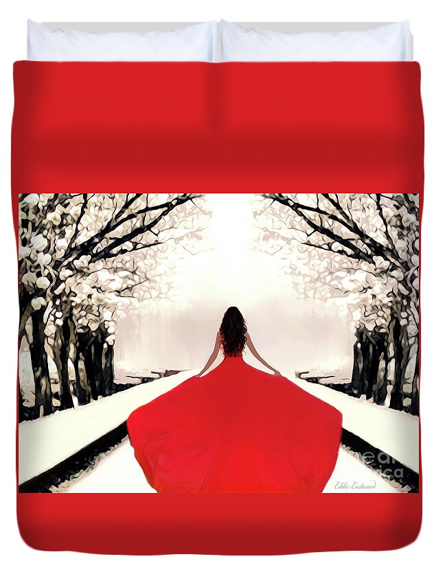 Snowy Path Duvet Cover featuring the digital art She is following her dream by Eddie Eastwood