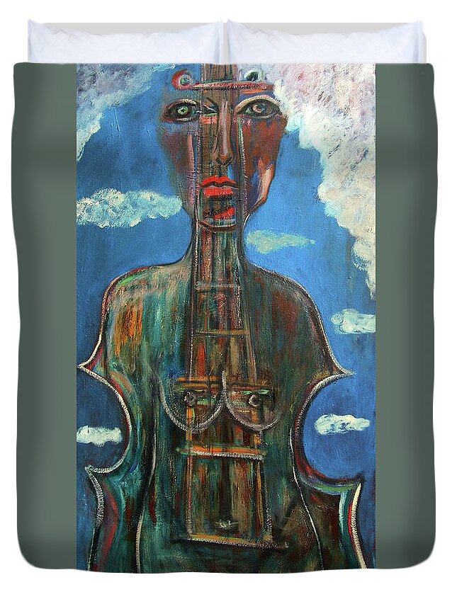 Katt Yanda Original Art Oil Painting On Canvas Music Cello Cloudy Sky Duvet Cover featuring the painting She is her Music by Katt Yanda