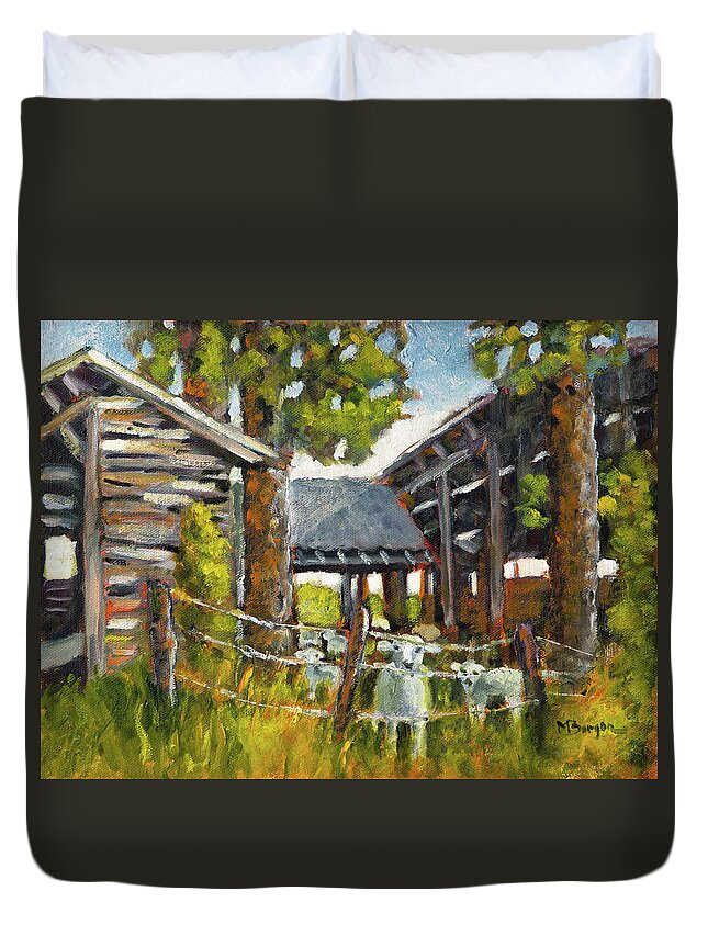 Sheep Duvet Cover featuring the painting Sheep Shed at Tyee by Mike Bergen