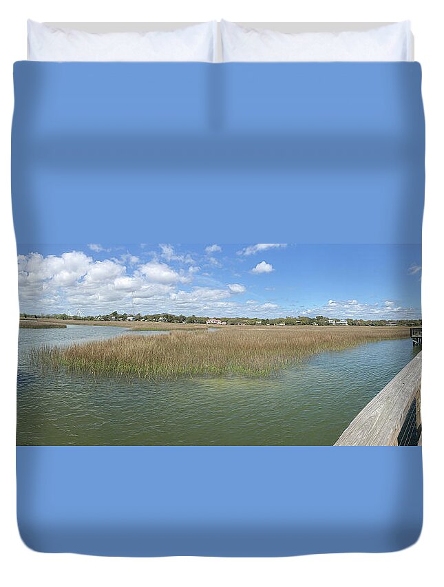 Scenic Duvet Cover featuring the photograph Shem Creek Panoramic by Kathy Baccari