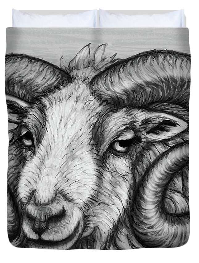 Ram Duvet Cover featuring the drawing Shetland Ram. Black and White by Amy E Fraser