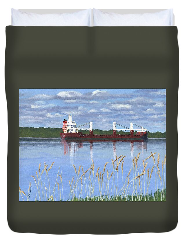 St. Lawrence River Duvet Cover featuring the painting Ship on the St. Lawrence by Lynne Reichhart