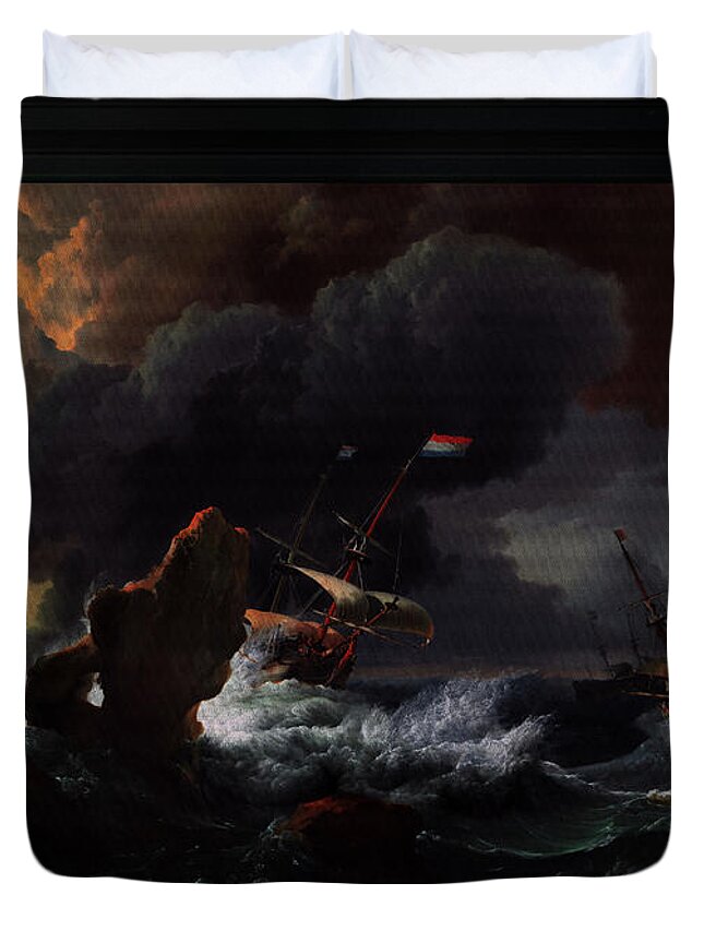 Ships In Distress Off A Rocky Coast Duvet Cover featuring the painting Ships In Distress Off A Rocky Coast by Ludolf Bakhuizen Classical Art Reproduction by Rolando Burbon