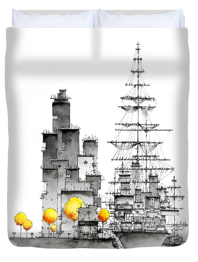 City Duvet Cover featuring the drawing Ships in harbour by Martin Lachmair