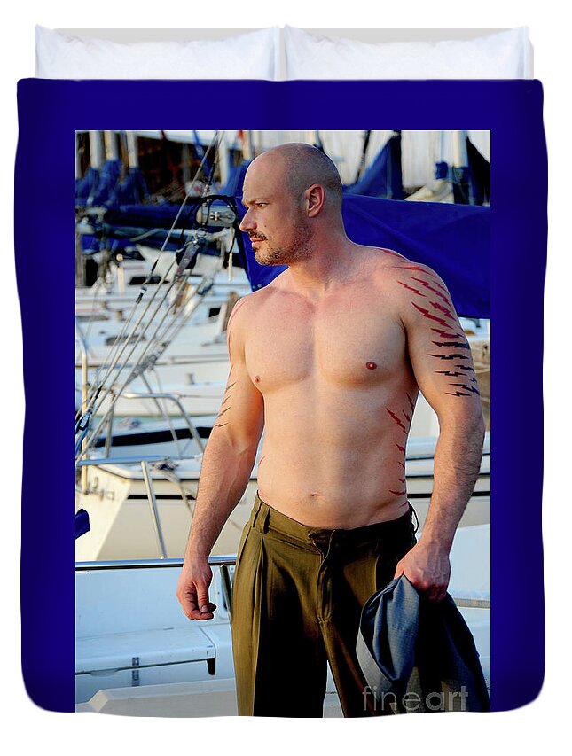 Shirtless Attractive Bald Man Poses By Sailboats At The Yoga Mat, Bald  Head Top View