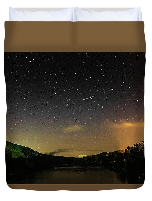 Night Duvet Cover featuring the photograph Shooting Star Over The Upper Delaware River - Barryville NY Shohola PA Bridge by Amelia Pearn