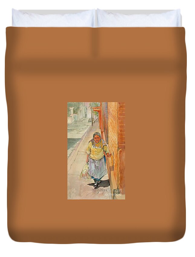 Old Woman Duvet Cover featuring the painting Shopper by Edie Schneider
