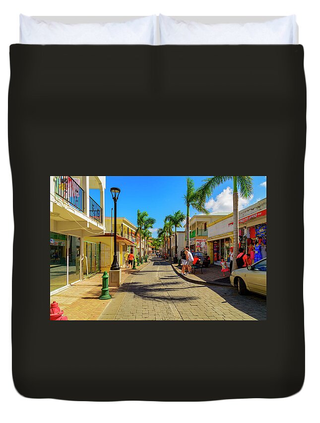 Trees; Travel; People; Color; Skies; Clouds Duvet Cover featuring the photograph Shopping in Saint Maarten by AE Jones