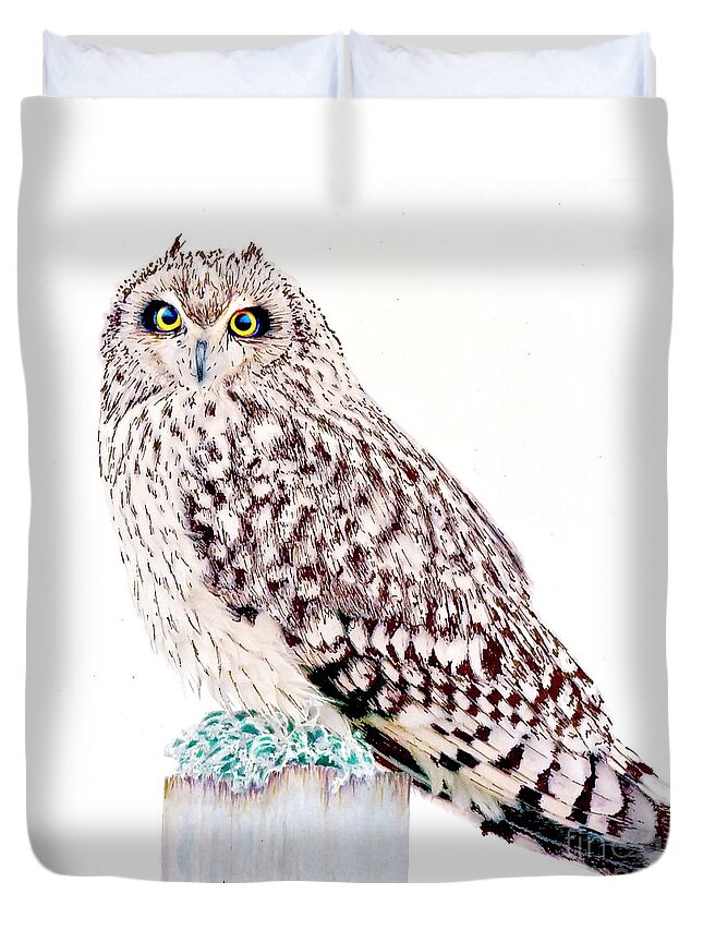 Short-eared Owl Duvet Cover featuring the mixed media Short-eared Owl, mixed media. by Tony Mills
