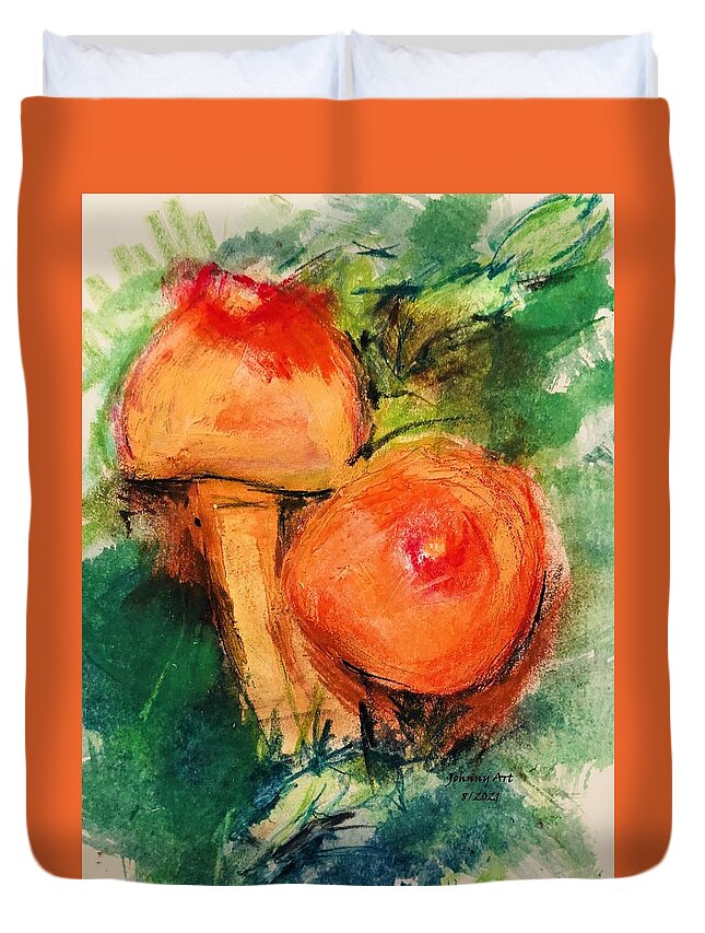 Southern Tier Western New York Frewsburg Cabin Living Duvet Cover featuring the painting Shrooms 2 by John Anderson