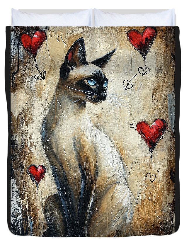 Cat Duvet Cover featuring the painting Siamese Cat Love by Tina LeCour